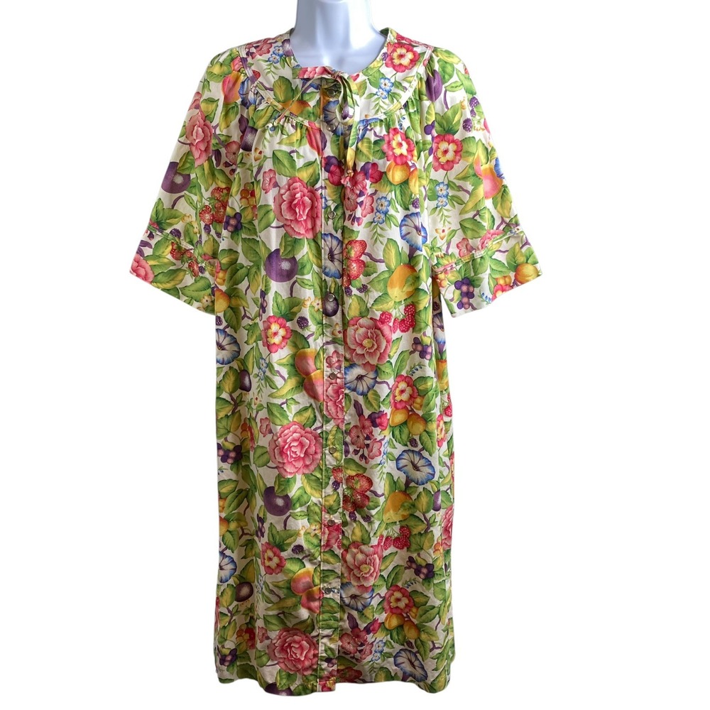 VTG 70s Carole Rainbow Floral Button Front Kaftan Dress Size S Lounge Housecoat